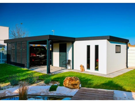 GARDEON® Garage with door, window, 2 skylights and carport