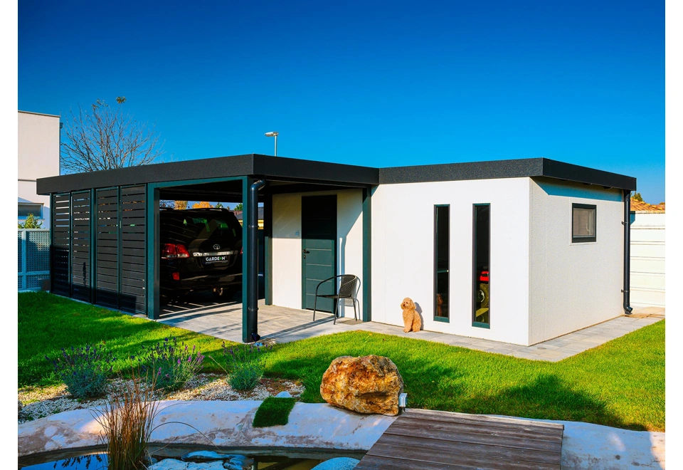 GARDEON® Garage with door, window, 2 skylights and carport