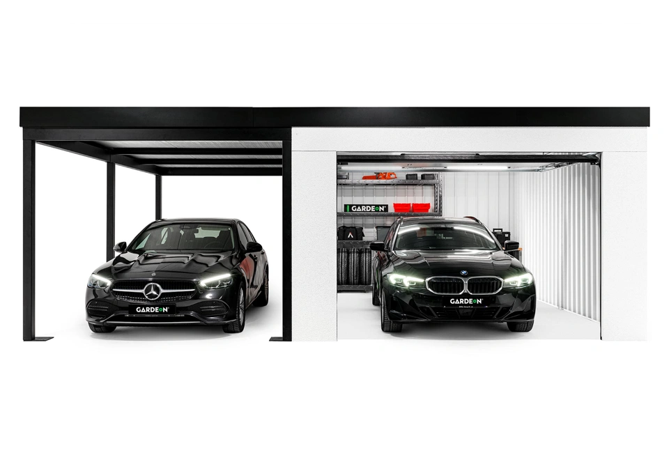 Garden house with Hormann safety garage door