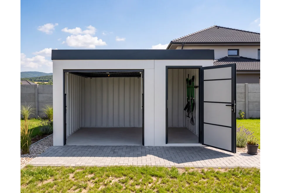 Garden house with Hormann safety door and garage door