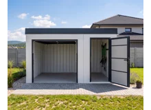 Garden house with Hormann safety door and garage door