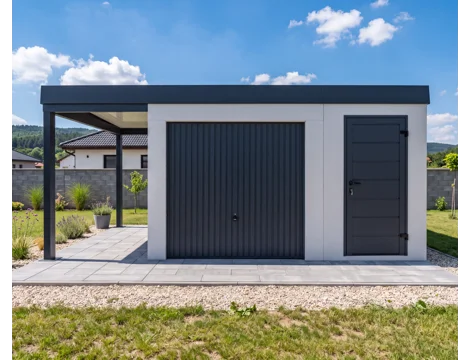 Garden House with door, safety garage door and carport
