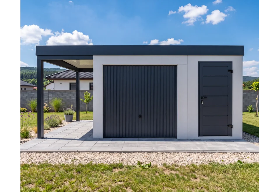 Garden House with door, safety garage door and carport