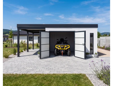GARDEON® Garden House with double Hörmann door, two skylights and carport