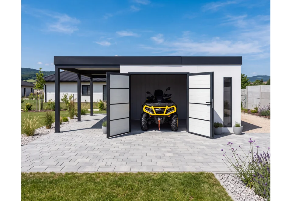 GARDEON® Garden House with double Hörmann door, two skylights and carport