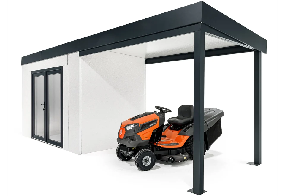 Garden house with double panoramatic door and carport