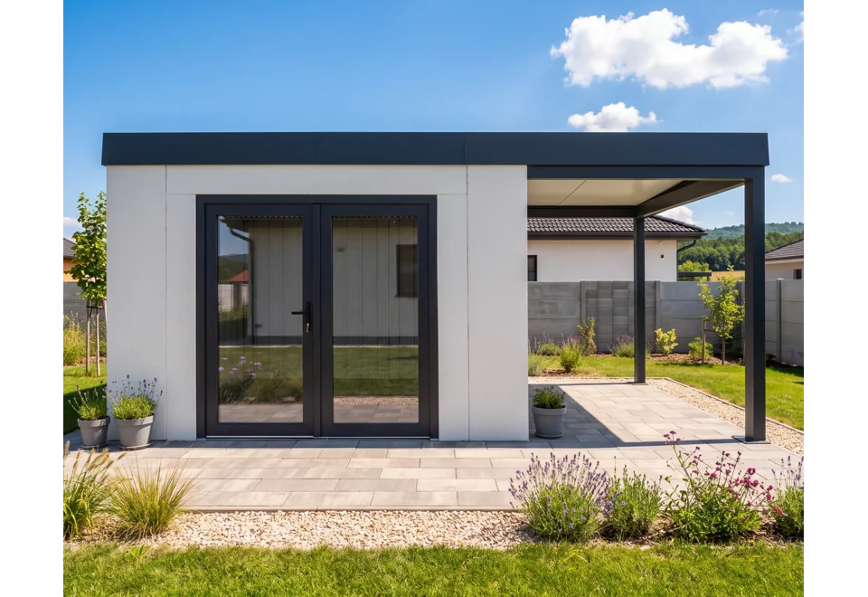 Garden house with double panoramatic door and carport