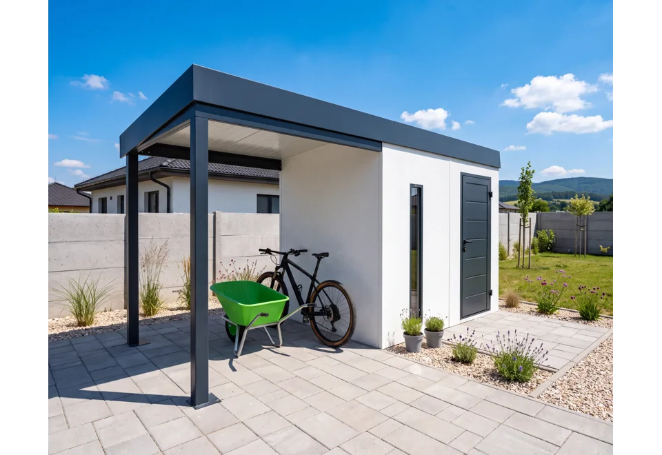 GARDEON® Garden House with Hörmann door, skylight and carport