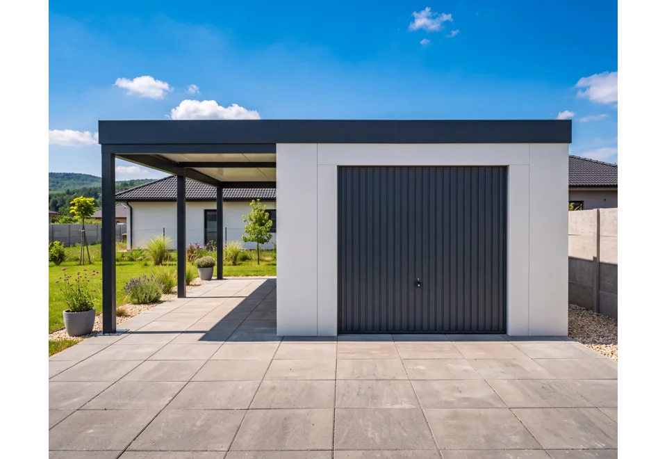Garden house with Hormann garage door and left carport