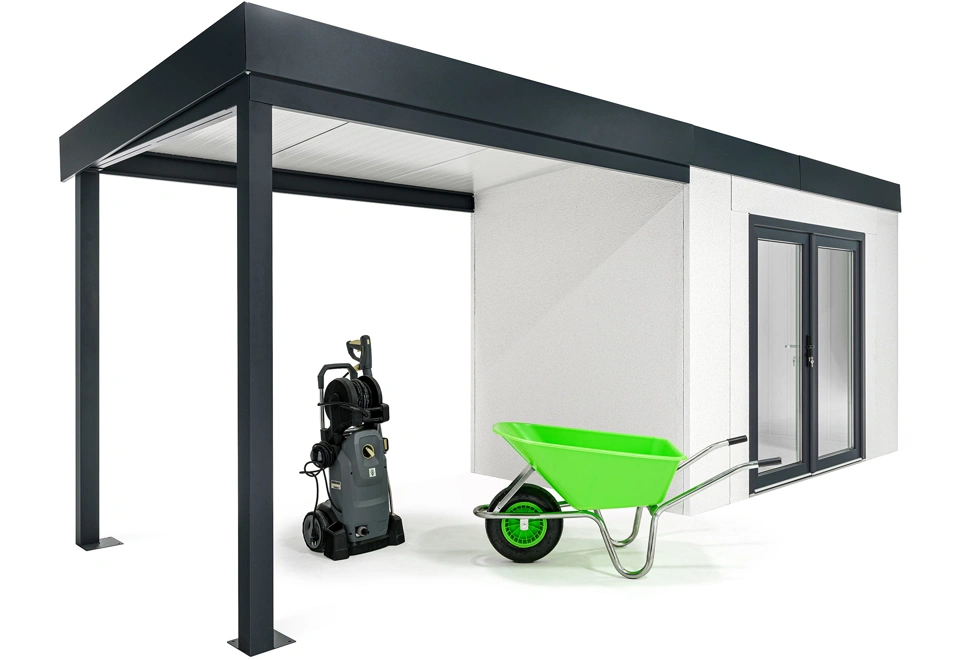 Garden house with double panoramatic door and left carport