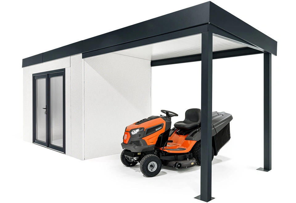 Garden house with double panoramatic door and right carport
