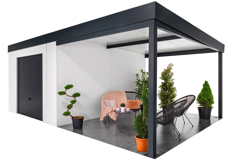 Garden house with Hormann garage door and carport