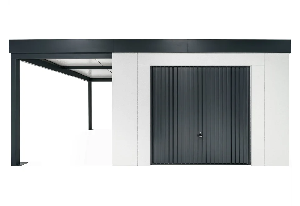 Garden house with Hormann garage door and left carport