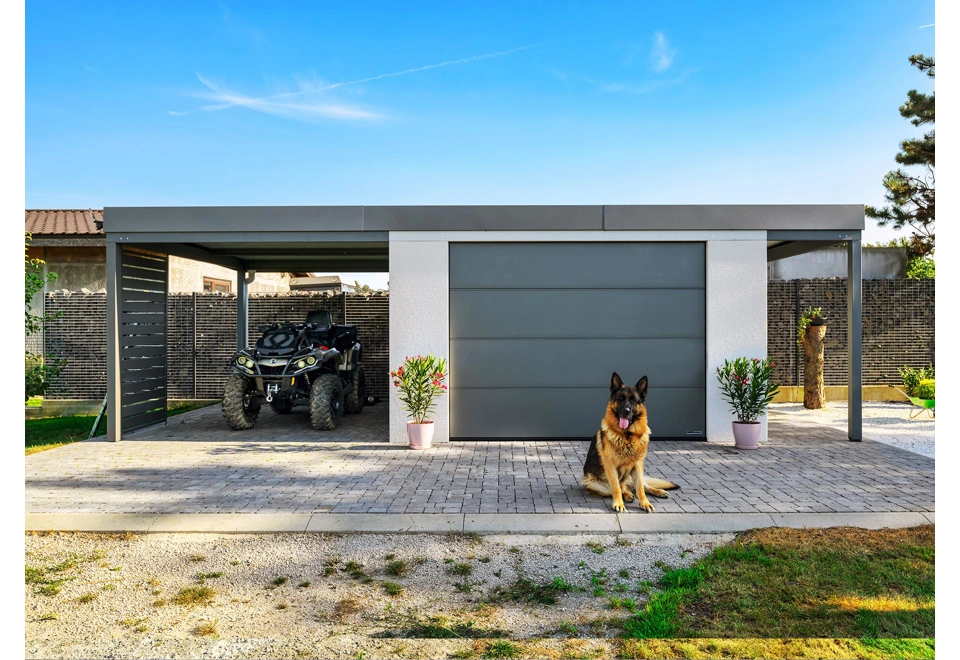 GARDEON® House with safety garage door, door, 2 skylights and 2 carports