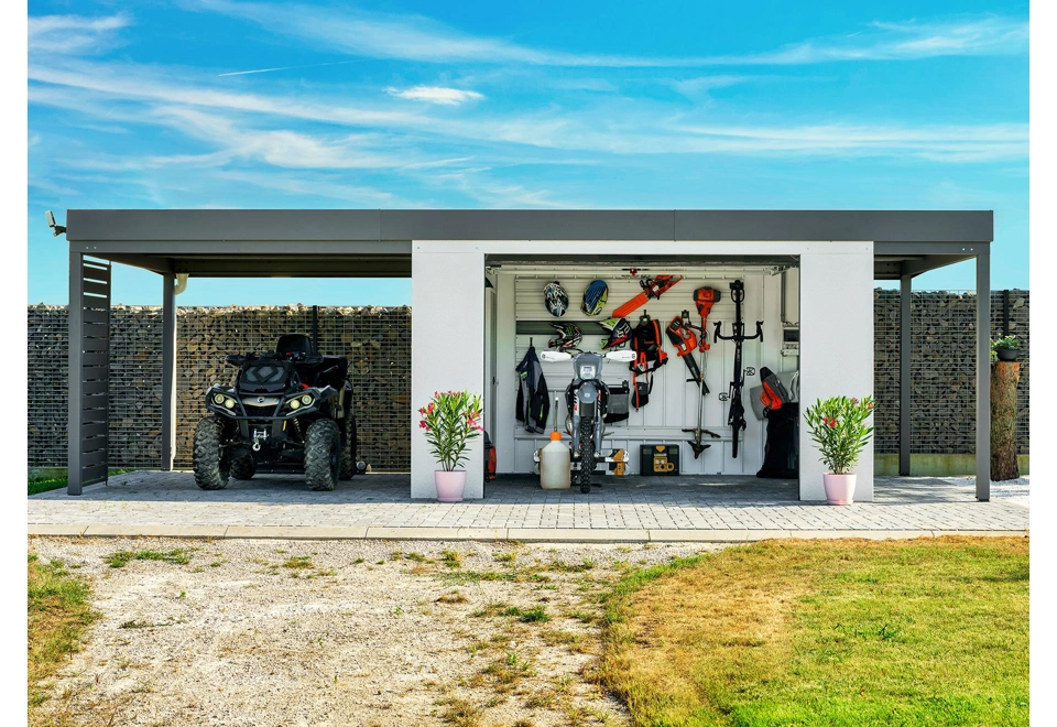 GARDEON® House with safety garage door, door, 2 skylights and 2 carports